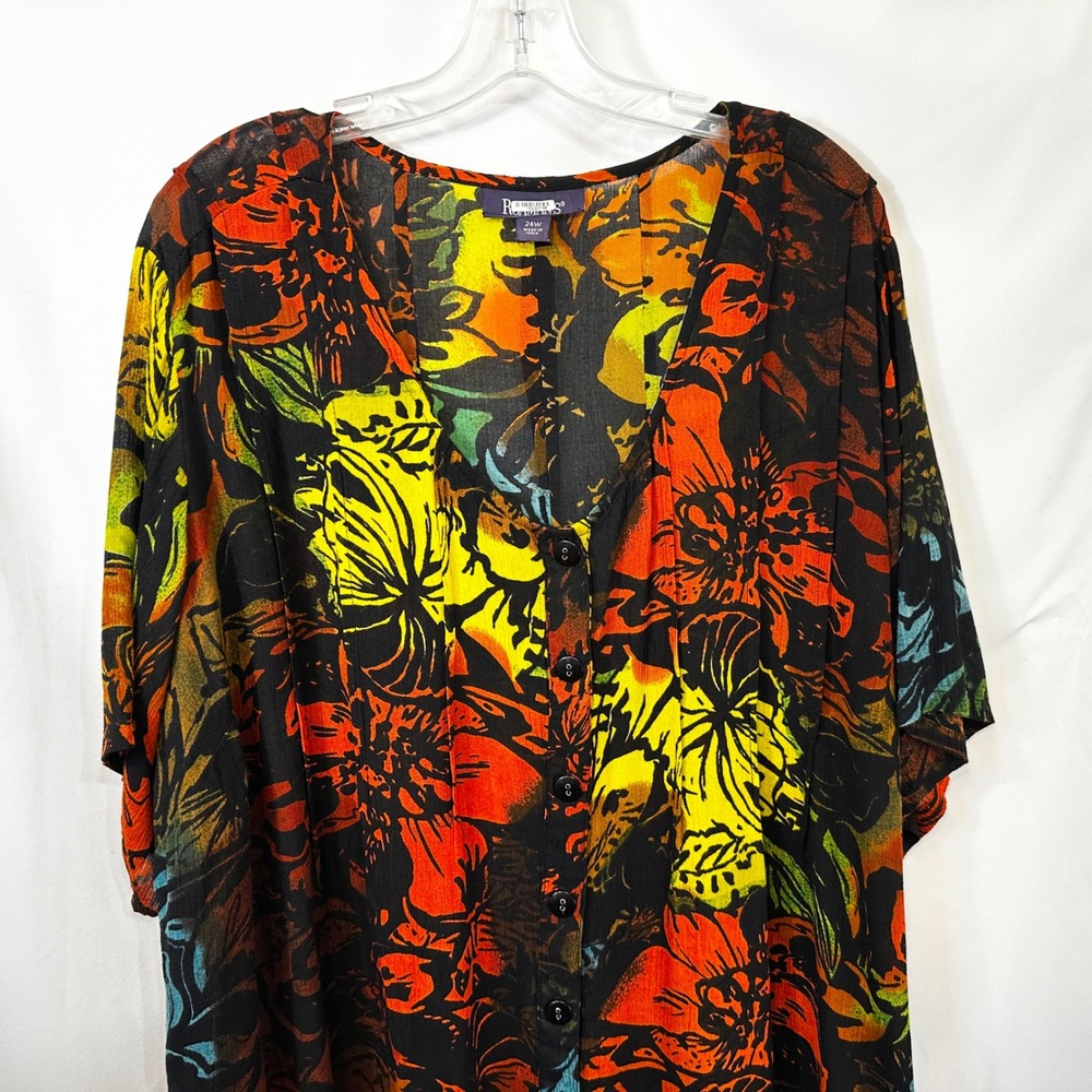 Roamans Plus Size 24W Top Black Floral V-Neck Button Front Short Sleeve Boho 654 - Picture 3 of 8